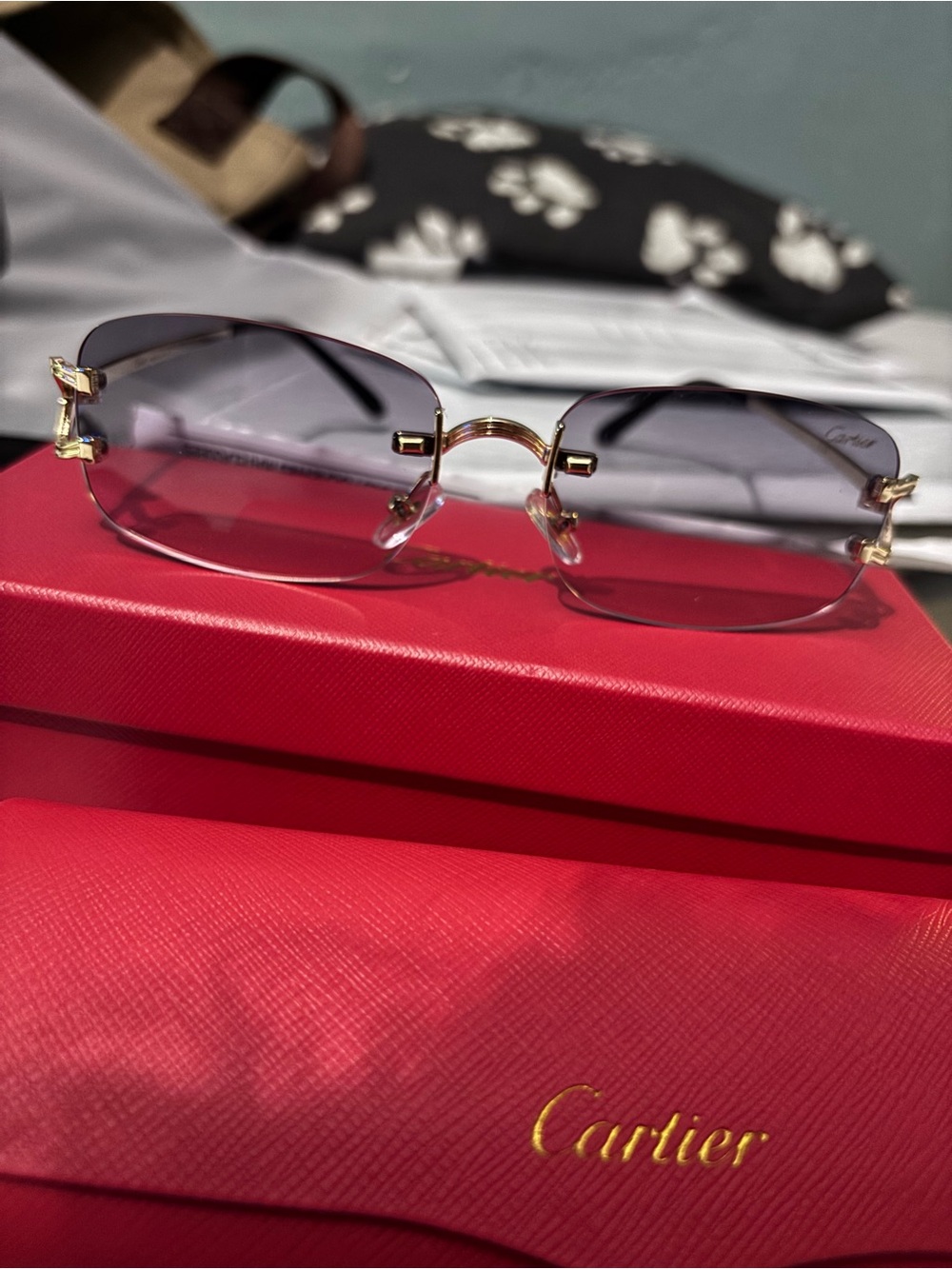 Cartier Designer Gold Rim Purple Gradient Rimless Sunglasses - Picture 2 of 5